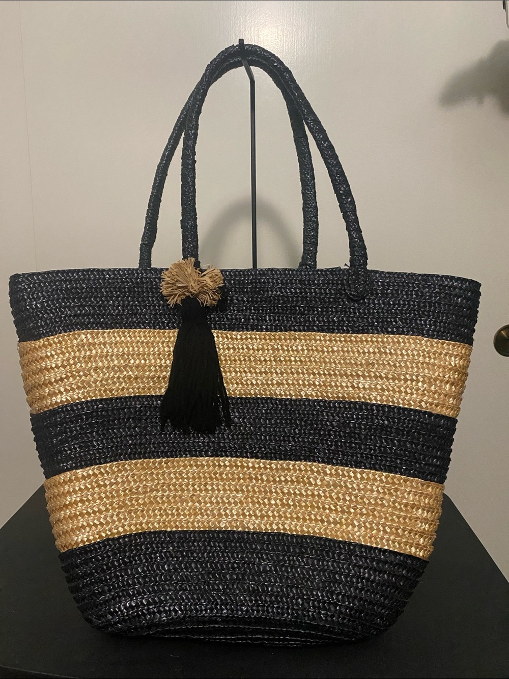 Princess Marcella Borghese Striped Black and Natural Straw Tote with Tassel